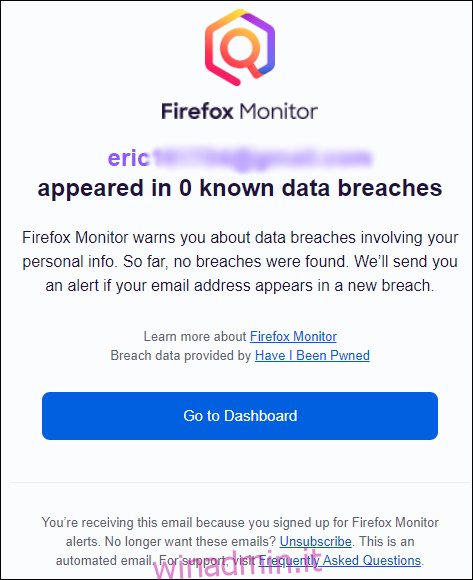 Una e-mail di conferma da Firefox Monitor