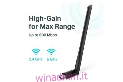 Adattatore Wi-Fi USB TP-Link per PC Adattatore di rete wireless AC600Mbps per desktop con antenna Dual Band 5dBi ad alto guadagno da 2,4 GHz / 5 GHz