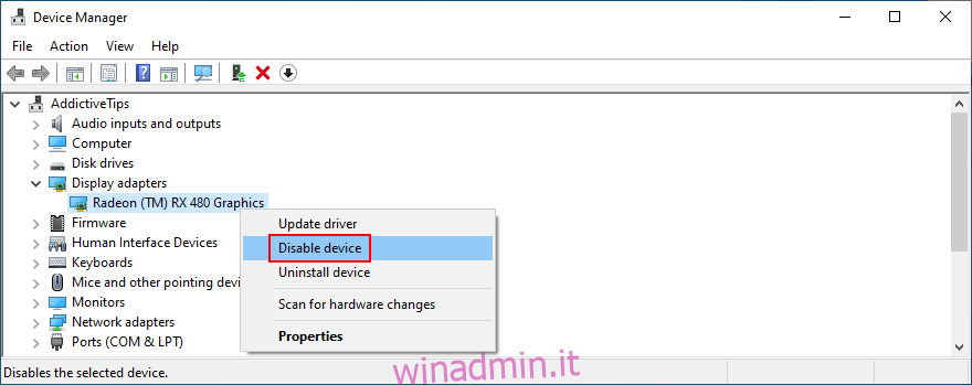 Windows mostra come disabilitare un dispositivo in Gestione dispositivi