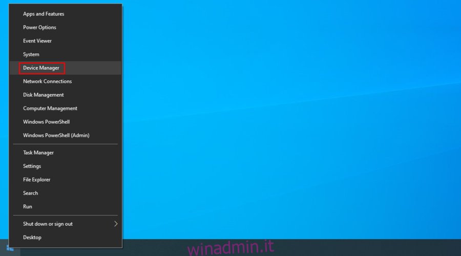 Windows 10 mostra come accedere a Gestione dispositivi dal menu di scelta rapida Start