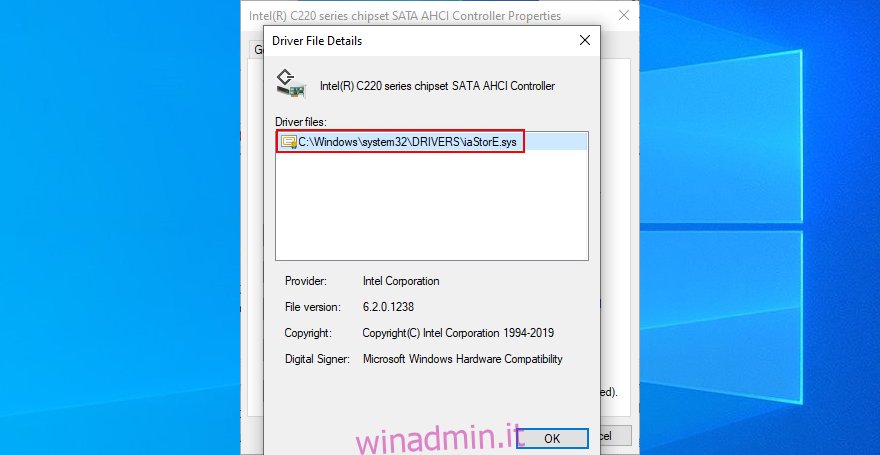 Windows 10 mostra come impostare il file del driver iaSorE.sys per il driver del controller SATA AHCI