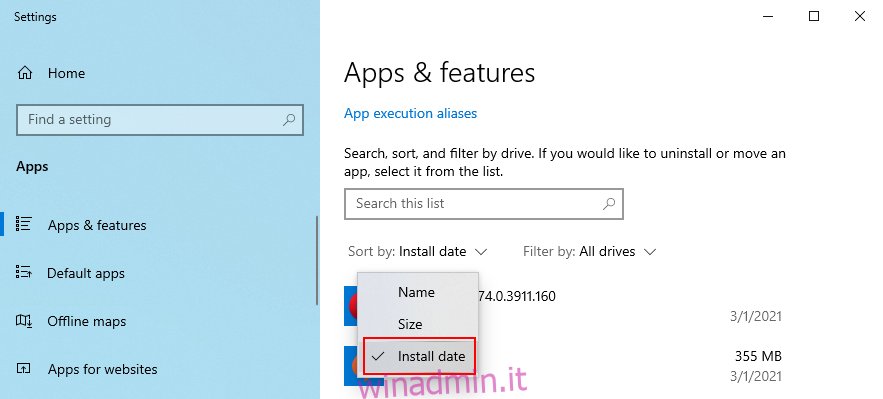 Windows 10 mostra come ordinare le app in base alla data di installazione