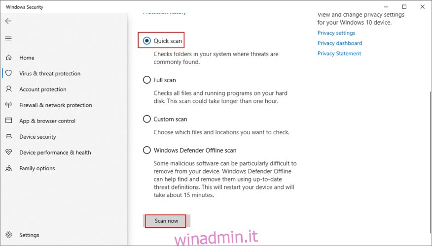 Windows 10 mostra come eseguire una scansione rapida utilizzando Windows Defender