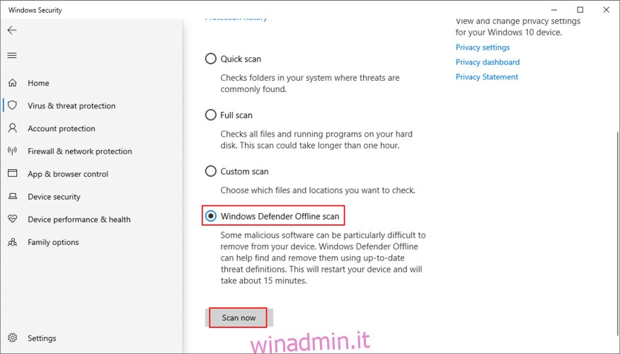 Windows 10 mostra come eseguire un'analisi offline di Windows Defender