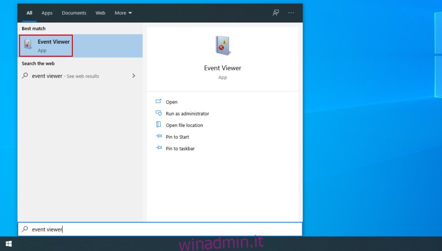 Windows 10 mostra come aprire l'app Visualizzatore eventi