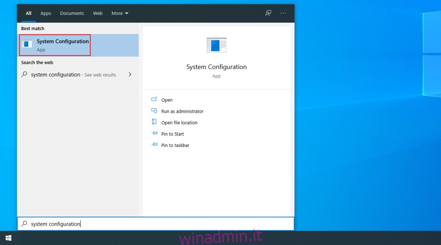 Windows 10 mostra come accedere all'app Configurazione di sistema dal menu di ricerca