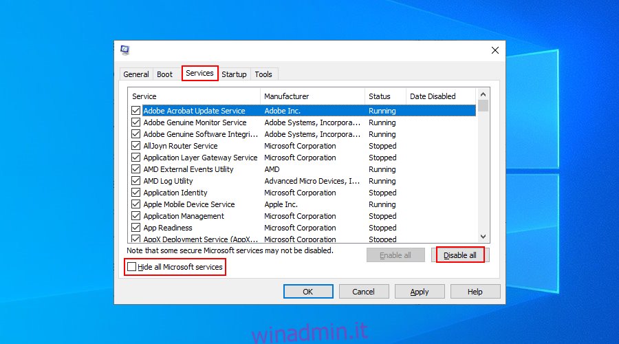 Windows 10 mostra come disabilitare tutti i servizi
