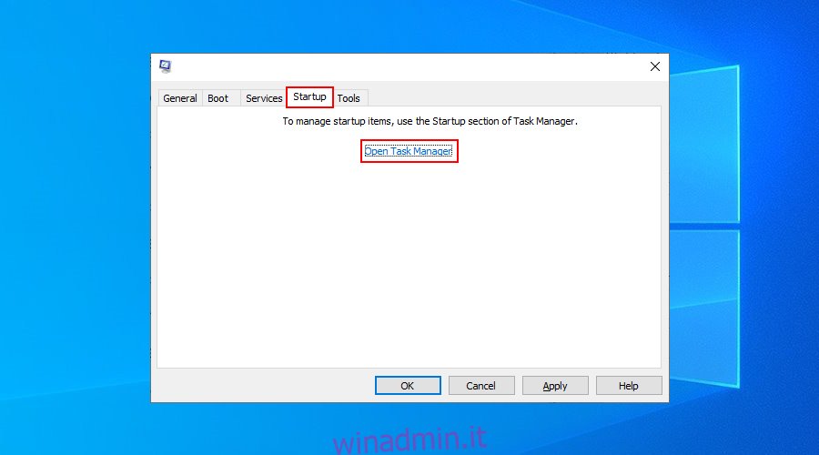Windows 10 mostra come aprire Task Manager dall'app Configurazione di sistema