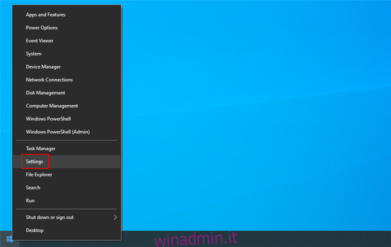 Windows 10 mostra come accedere alle impostazioni dal menu di scelta rapida Start