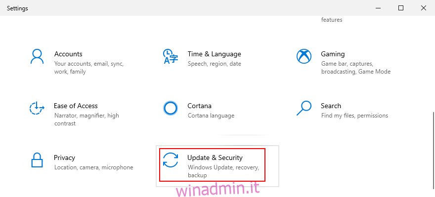 Windows 10 mostra come accedere alle impostazioni di aggiornamento e sicurezza