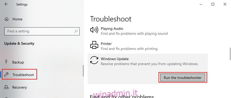Windows 10 mostra come eseguire la risoluzione dei problemi di Windows Update