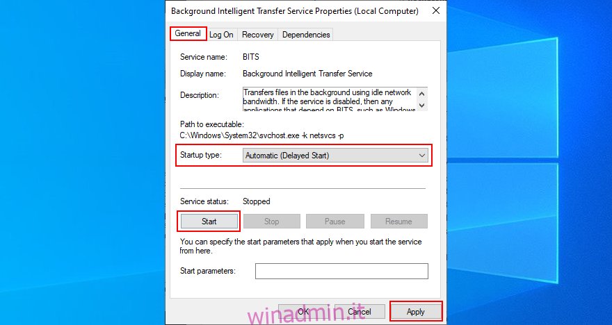 Windows 10 mostra come modificare il tipo di avvio del servizio trasferimento intelligente in background