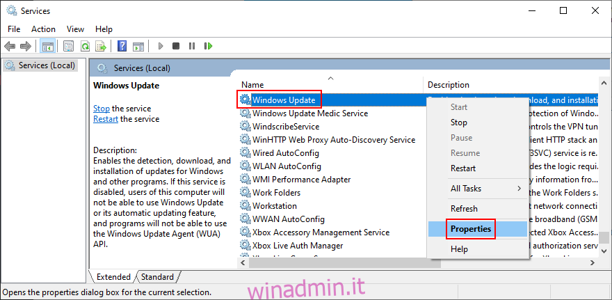 Windows 10 mostra come accedere alle proprietà del servizio Windows Update