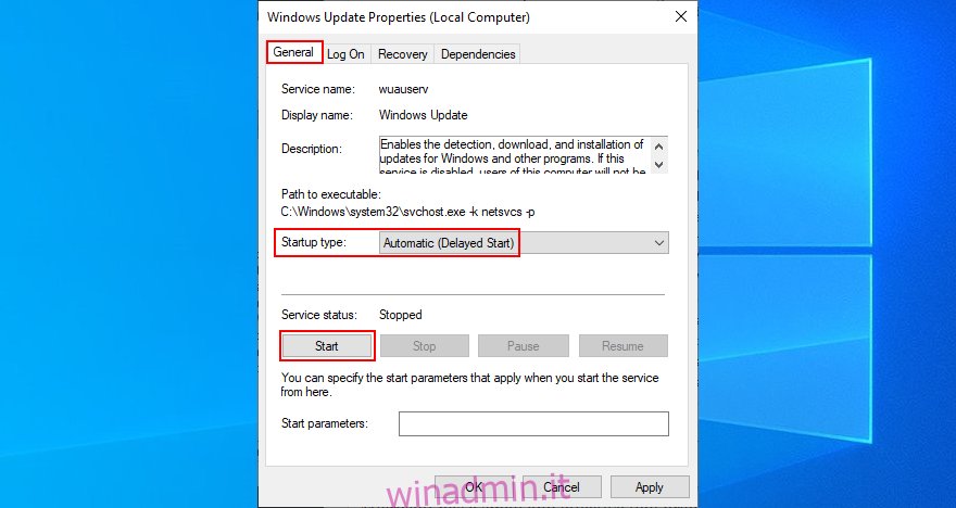 Windows 10 mostra come modificare le proprietà del servizio Windows Update