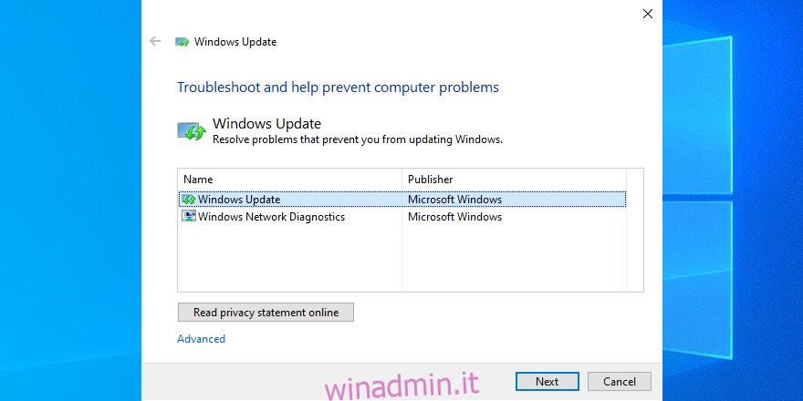 L'interfaccia grafica dell'utilità di diagnostica di Windows Update