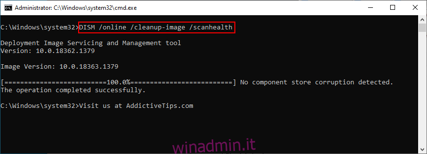 Windows 10 mostra come eseguire DISM / online / cleanup-image / scanhealth in CMD