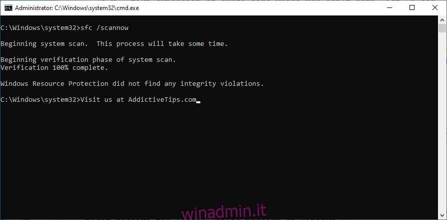 Windows mostra come eseguire il comando sfc scannow in CMD