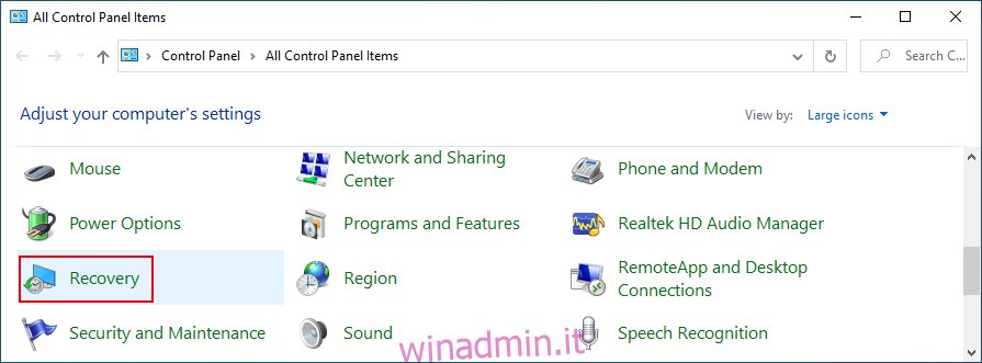 Windows 10 mostra come accedere al ripristino dal pannello di controllo