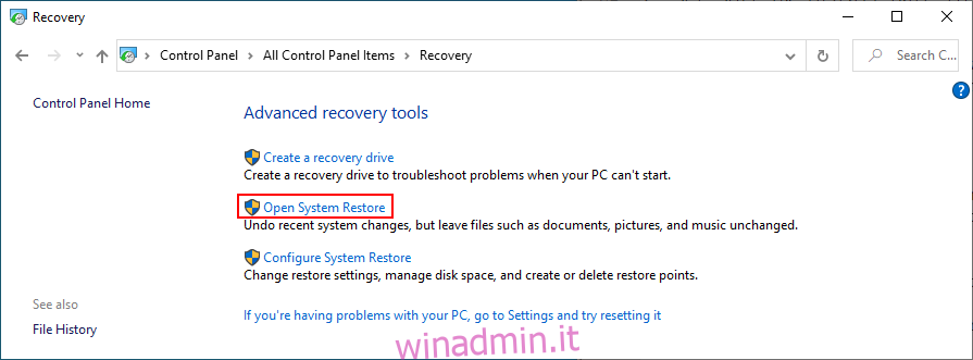 Windows 10 mostra come aprire Ripristino configurazione di sistema