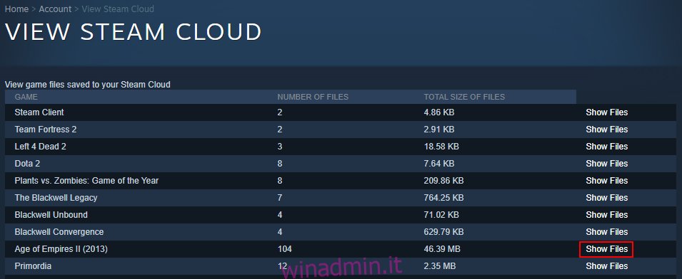 Steam Cloud mostra i file di gioco