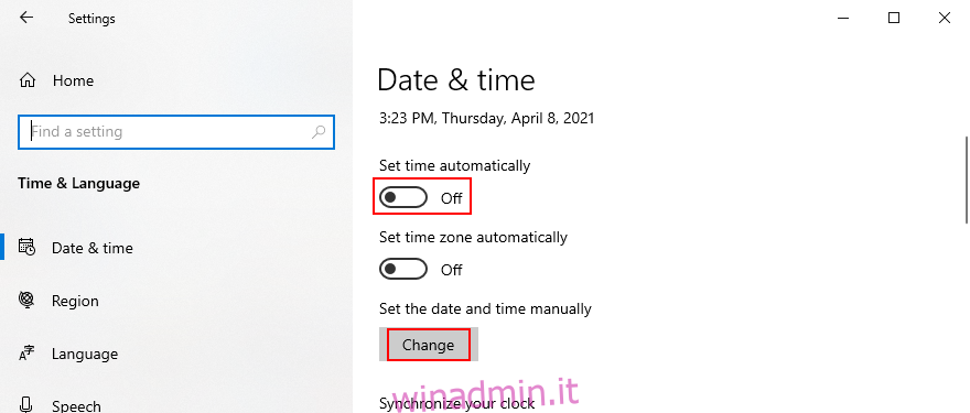 Windows 10 mostra come impostare manualmente la data e l'ora