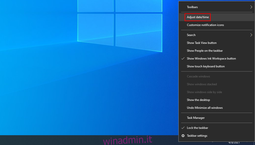 Windows 10 mostra come regolare le impostazioni di data e ora dalla systray