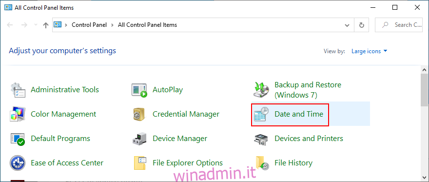 Windows 10 mostra come accedere alle impostazioni di data e ora dal Pannello di controllo