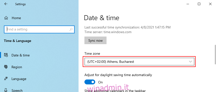 Windows 10 mostra come modificare il fuso orario