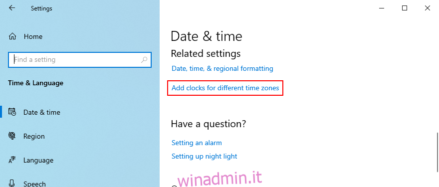 Windows 10 mostra come accedere all'opzione per aggiungere orologi per diversi fusi orari