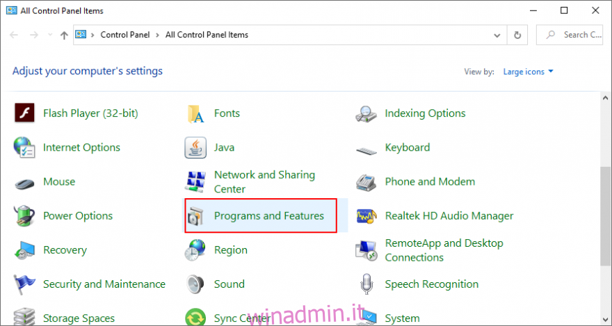 Windows 10 mostra come accedere a programmi e funzionalità dal pannello di controllo