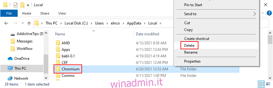 Esplora risorse di Windows mostra come eliminare la cache di Chromium