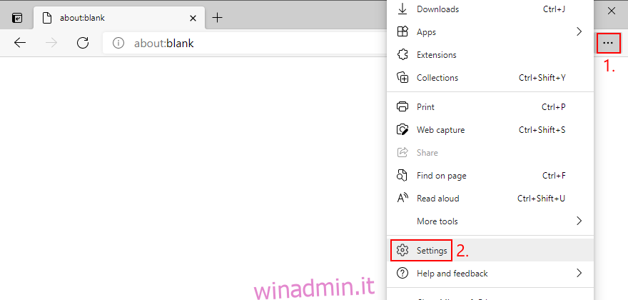 Microsoft Edge mostra come accedere al menu Impostazioni