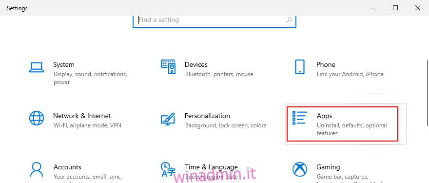 Windows 10 mostra come accedere alle app dall'area Impostazioni