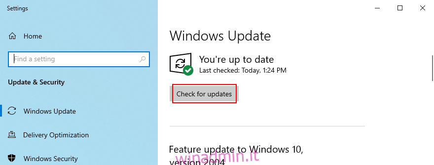 Windows 10 mostra come verificare la disponibilità di aggiornamenti