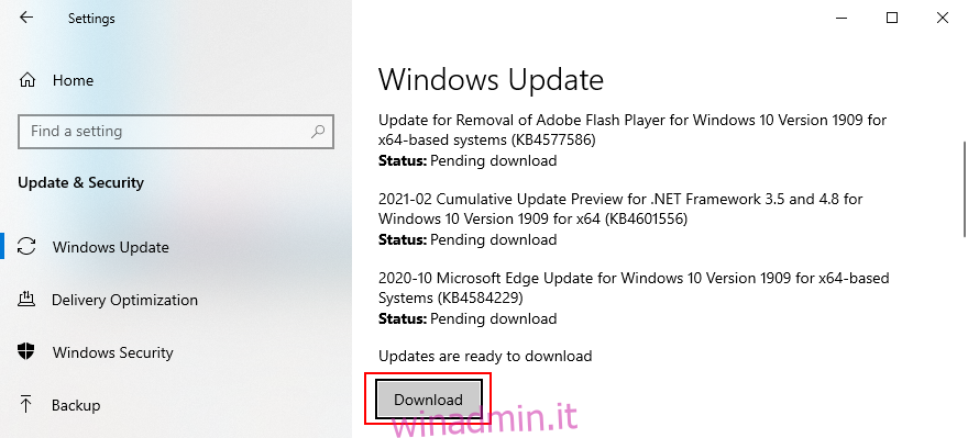 Windows 10 mostra come scaricare gli aggiornamenti di sistema