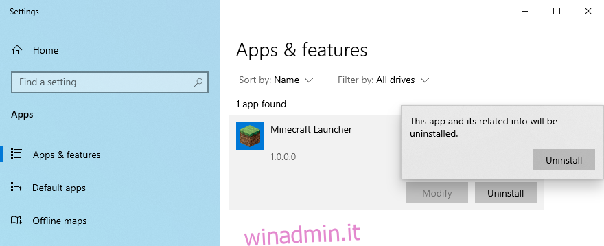 Windows 10 mostra come disinstallare Minecraft Launcher